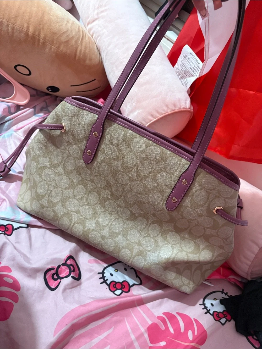 Coach Beige Signature Canvas Tote with Mauve Trim